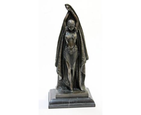 After Chiparus, an Art Deco style bronze dancer with arms raised on marble base bearing signature, height 35cm. Condition - v