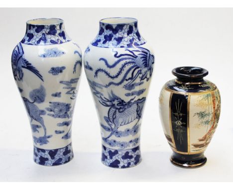 A pair of Masons Ashworth blue and white vases, height 33cm, together with a Satsuma vase. Condition - large chip to satsuma 