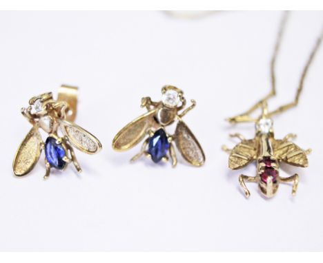 A pair of 9ct gold diamond and sapphire bug earrings together with a 9ct gold diamond and ruby bug pendant on 9ct gold chain,