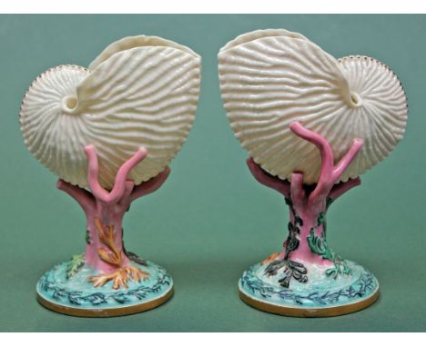A pair of Royal Worcester nautilus vases, height 16cm. Condition - minor chip to inside rim on one, otherwise good, no furthe