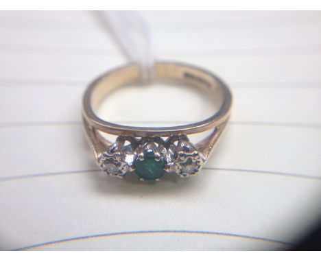 A 9ct gold diamond and emerald ring, gross wt. 2.3g, size k.