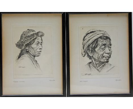 Goray Douglas (1920-1976), two portrait etchings; "Tibetan Woman" & "Old Nepali", 10cm x 13cm each, signed in pencil, framed 