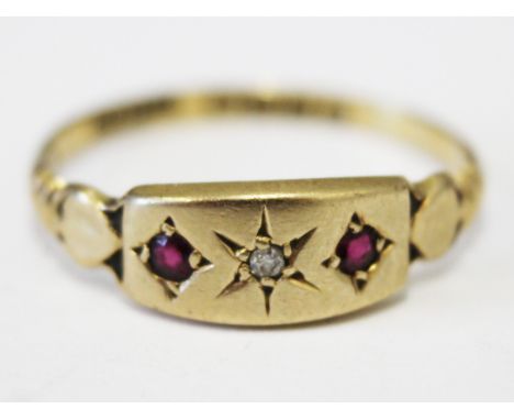 An 18ct gold diamond and ruby ring, gross wt. 1.9g, size P.