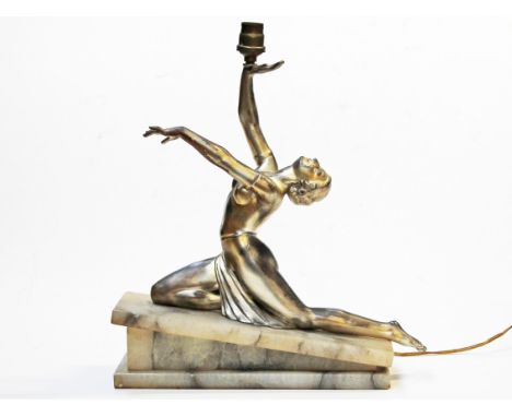 A Art Deco gilt bronzed spelter table lamp formed as a partial nude girl arching back kneeled on onyx plinth, height 37cm. Co