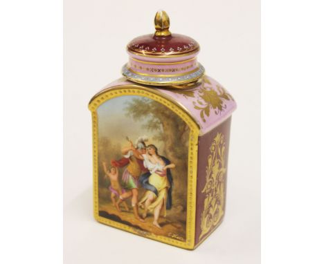 A Vienna porcelain tea caddy each side with hand painted panels depicting figures in wooded landscapes within gilt borders, h