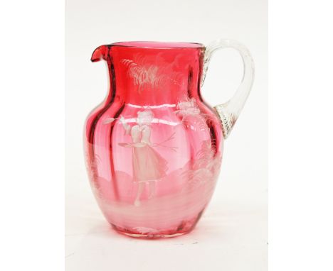 A Victorian Mary Gregory style ribbed ruby glass jug, height 18.5cm. Condition - no chips, cracks nor any repairs, unsightly 