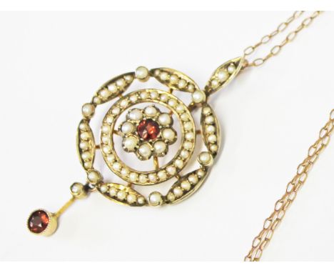 A 9ct gold seed pearl pendant circa 1900, length 4.5cm, on 9ct gold chain, gross wt. 5.2g.