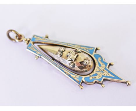 A Victorian yellow metal blue enamel pendant, length 5cm, gross wt. 3.5g.