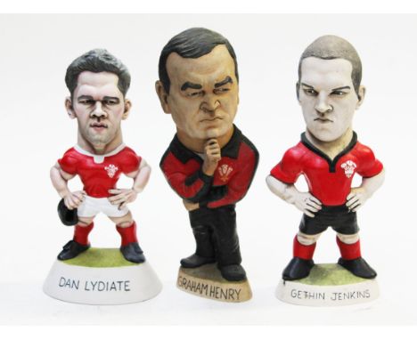 A group of three Groggs limited edition resin figures comprising Dan Lydiate, Graham Henry & Gethin Jenkins, height approx. 2