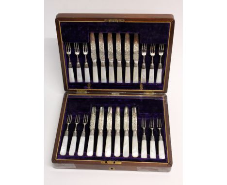 A cased set of hallmarked silver knives and forks with mother of pearl handles, box A/F.