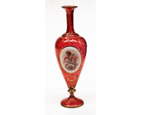 A 19th Century Bohemian ruby glass vase having panel painted with a cherub within gilt foliage decoration, height 21cm. Condi