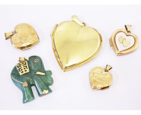 A group of four 9ct gold heart shaped locket pendants, gross wt. 16.7g, together with a yellow metal mounted jade elephant.