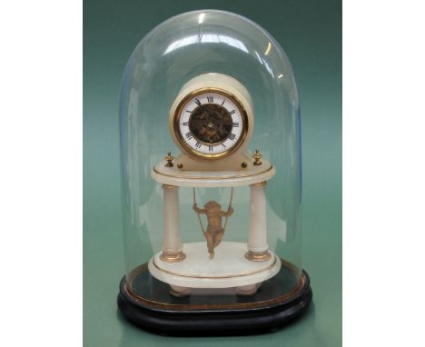 A French onyx mantle clock with gilt metal swinging cherub pendulum, the brass movement stamped 'Farcot', under glass dome. H