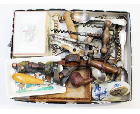 A mixed lot to include corkscrews, a brass wire photo frame, decanter labels etc.