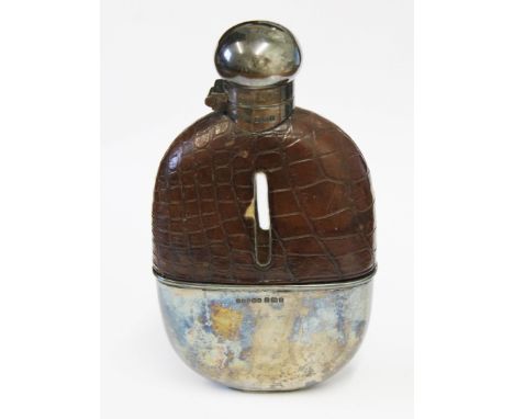 A hallmarked silver and crocodile skin hip flask, height 14.5cm.