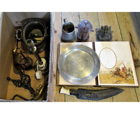 A leather bound British Army musical album, together with a pewter plate, mug, candlestick metal door knocker and other relat