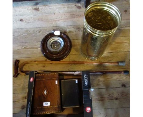 An Edwardian Tunbridge Ware inlaid jewellery box, together with an aneroid barometer, brass stick stand, two walking sticks a