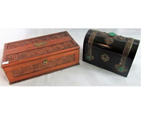 A 19th century bound elm tea caddy, together with a carved oak humidor.