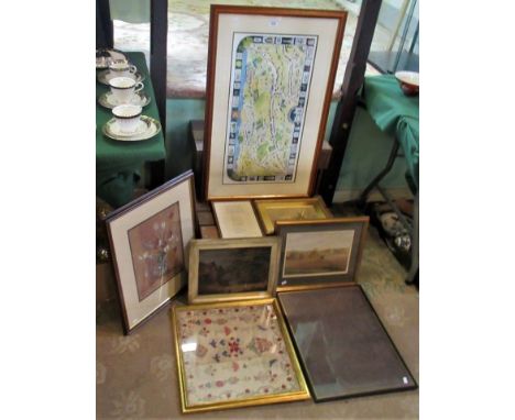 A 19th century sampler, together with a framed and glazed watercolour of floral studies, a reproduction map and other miscell