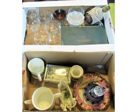 Two boxes of miscellaneous china and glassware to include: a pair of luster plates depicting the Reverend John Wesley and Ada