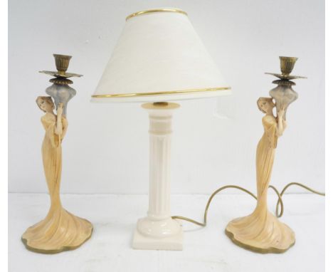 A pair of candlesticks in the form of ladies, together with ceramic column shaped lamp with shade **PLEASE NOTE THIS LOT IS N