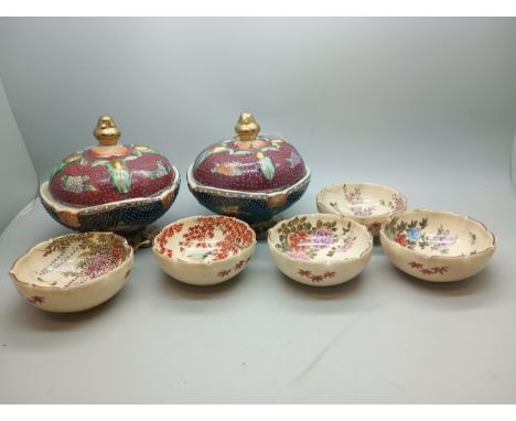 A pair of Oriental ceramic lidded pots with five small bowls, some a/f