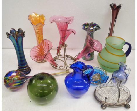 A collection of coloured glass including a cranberry epergne with plated stand, Carnival, etc.