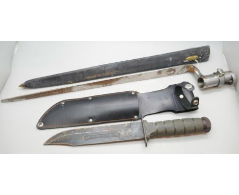 A chromed metal socket bayonet with scabbard and a military field knife **PLEASE NOTE THIS LOT IS NOT ELIGIBLE FOR IN-HOUSE P