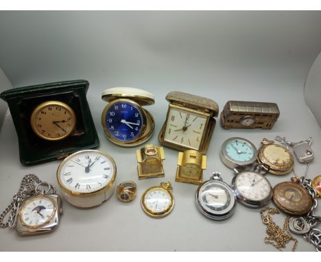 Pocket watches, clocks, etc., including Smiths stop-watch and a tortoiseshell mounted travelling clock