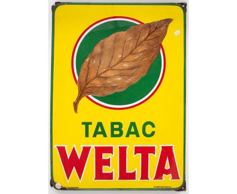 TABAC WELTA Grosses Emailleschild, 50er Jahre63 x 44,5 cmLARGE ENAMEL TOBACCO ADVERTISING SIGN1950s63 x 44,5 cm