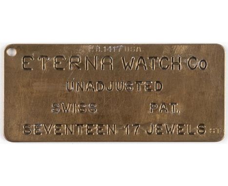 ETERNA WATCH Messingschild, 20. Jh.7 x 16 cmBRASS SIGN OF 'ETERNA WATCH'20th c.7 x 16 cm