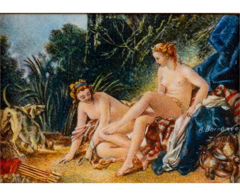 A. BORROMEO Diana beim BadenMiniaturmalerei nach François BOUCHER (1703-1770)Rahmen: 14,5 x 17 cmA. BORROMEODiana bathingMini