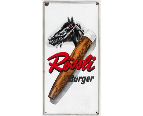 RÖSSLI BURGER Sehr grosses Emailleschild, Schweiz, 50er Jahre97 x 47,5 cmVERY LARGE SWISS ENAMEL TOBACCO ADVERTISING SIGN OF 