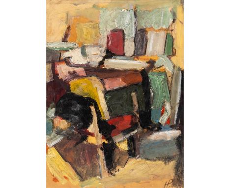 UNBEKANNTER KÜNSTLER HP KompositionÖl auf Karton, um 1950Lichtmass: 25 x 18 cm, Rahmen: 46 x 38,5 cmUNKNOWN ARTIST HPComposit