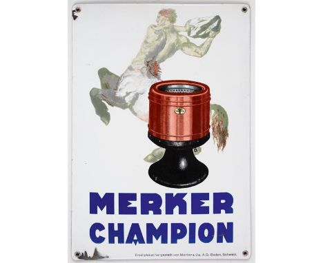 MERKER CHAMPION Seltenes Emailleschild, Schweiz, hergestellt von Merker & Co. A.G. Baden, 30er Jahre43 x 30 cmRARE SWISS ENAM