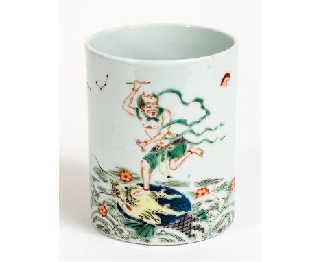 FAMILLE-VERTE PINSELBECHER China, Porzellan, Qing-DynastieD: 10 cm, H: 12,5 cmCHINESE FAMILLE-VERTE PORCELAIN BRUSH CUPQing D