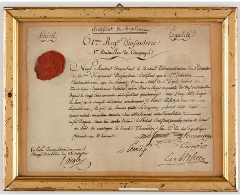 DIENSTABSCHIED FÜR EINEN FRANZÖSISCHEN SOLDATEN AUS DER ZEIT DER FRANZÖSISCHEN REVOLUTION Handschrift auf Papier, rotes Lacks