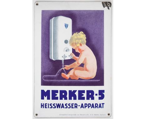 MERKER -5 HEISSWASSER-APPARAT Seltenes Emailleschild, Schweiz, hergestellt von Merker & Co. A.G. Baden, 30er Jahre44,5 x 30 c