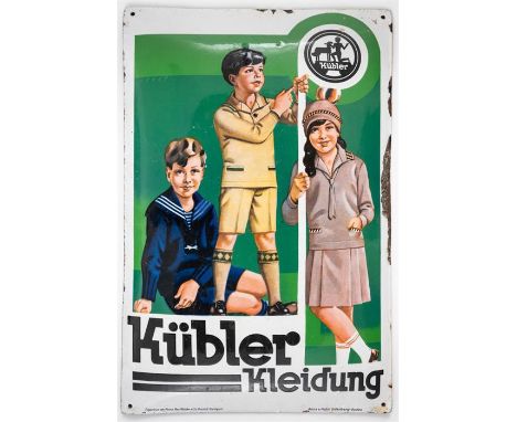 KÜBLER KLEIDUNG Grosses Emailleschild, Deutschland, Stuttgart, 20er Jahre68 x 45 cmLARGE GERMAN ENAMEL FASHION SIGN OF 'KUBLE