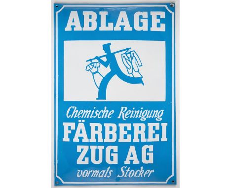 CHEMISCHE REINIGUNG FÄRBEREI ZUG AG VORMALS STOCKER Grosses Emailleschild, Schweiz, wohl 50er Jahre60 x 40 cmLARGE SWISS CLEA