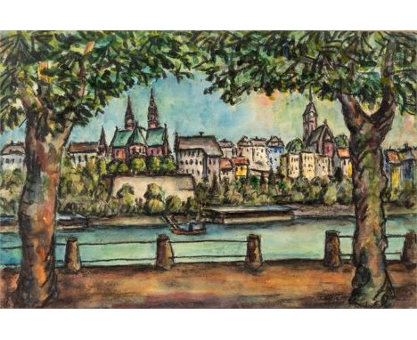 UNBEKANNTER KÜNSTLER Ansicht von BaselAquarell auf Papier, unleserlich signiertLichtmass: 29,5 x 45 cm, Rahmen: 46 x 58 cmUNK