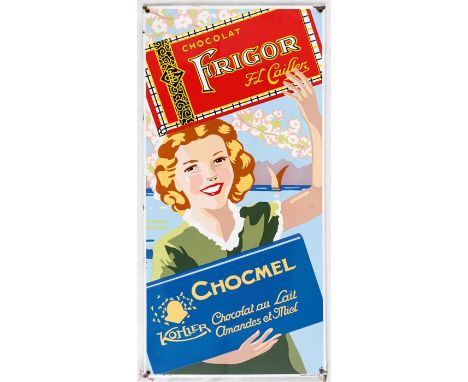 CAILLER CHOCOLAT FRIGOR Seltenes und sehr grosses Emailleschild, Schweiz, wohl 30/40er Jahre98 x 48,5 cmRARE AND VERY LARGE S