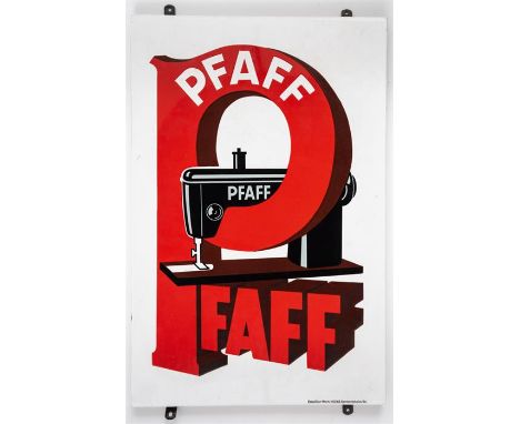 PFAFF Grosses Emailleschild, Deutschland, Kaiserslautern, 50er Jahre73 x 48 cmLARGE GERMAN ENAMEL SEWING MACHINE SIGN OF 'PFA