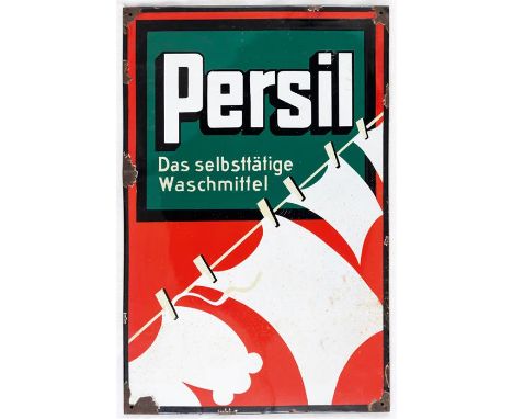 PERSIL DAS SELBSTTÄTIGE WASCHMITTEL Sehr grosses Emailleschild, 30er bis 50er Jahre98 x 64 cmVERY LARGE ENAMEL ADVERTISING SI