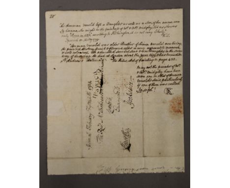 A manuscript letter, dated 1799, stamped Ipswich, relating to the genealogy to the Beveridge family, double sided. 19 x 23 cm