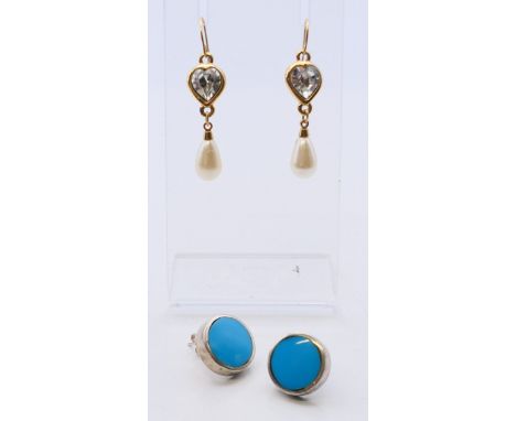 A pair of silver Tiffany blue enamel earrings and another pair of earrings. The former 1.5 cm diameter. 