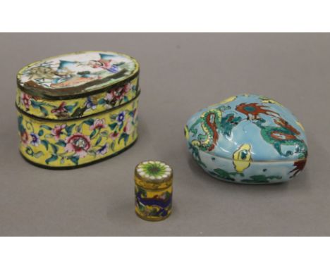 A 19th century Chinese enamel box, a Chinese porcelain heart-shaped box and cover, and a small cloisonne box. The former 8 cm