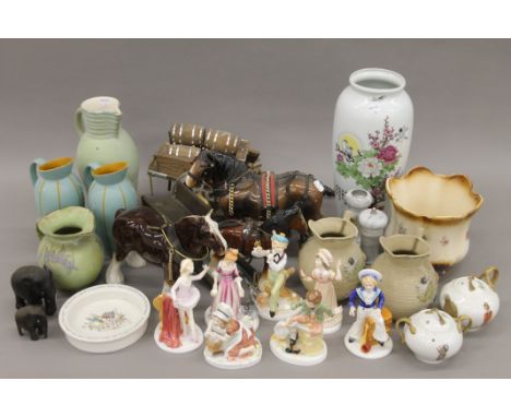 A quantity of ceramics including Shire horses with wooden carts, a set of seven Francesca Art China Days of the Week porcelai