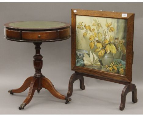 A modern leather topped side table and an oak folding fire screen. The latter 53 cm wide. 