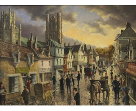 R J MITCHELL (20th century) British, Ely High Street in the Victorian Style, oil on canvas, framed. 59.5 x 44.5 cm.